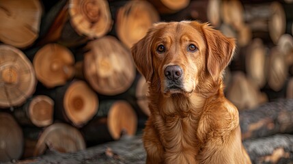 A brown dog is sitting on a log