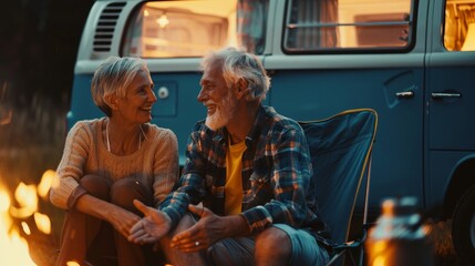 Lovely senior couple rest with camper van in camp site.