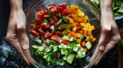Close-up of hands mixing colorful salad ingredients in a bowl vibrant colors, top copy space