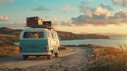 Vintage camper van with luggage box on top at sea beach in summer vacation