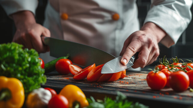 Chef demonstrating precise knife skills with vibrant vegetables mid-slice dynamic motion, left copy space