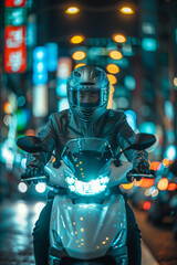 Asian man wearing a helmet drives a motorcycle in the city at night.