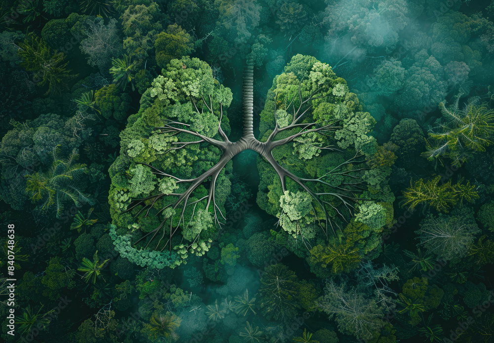 Wall mural a pair of lungs made from trees, set against the backdrop of an aerial forest view