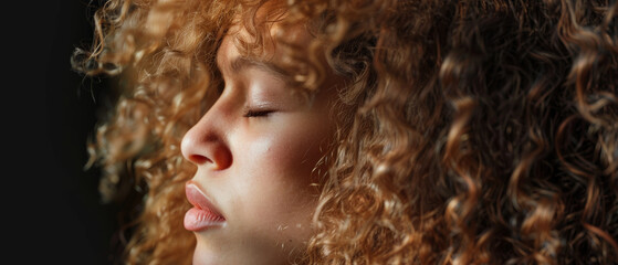 Fototapeta premium A girl's serene face in close-up with closed eyes, framed by her curly hair illuminated softly.