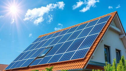 Fototapeta premium Renewable energy with solar panels on the roof for green energy production