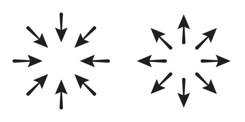 Symbol of expansion and contract, inward and outward arrows in circular, black and white vector illustration on white background in eps 10.