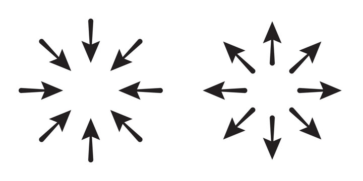 Symbol of expansion and contract, inward and outward arrows in circular, black and white vector illustration on white background in eps 10.