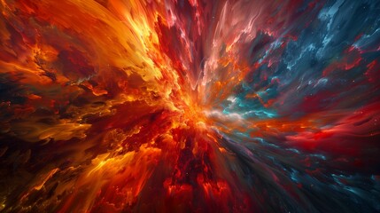 A dynamic explosion of fiery reds, oranges, and yellows, contrasted with cool blues and purples, capturing the essence of a chaotic yet beautiful abstract firestorm.