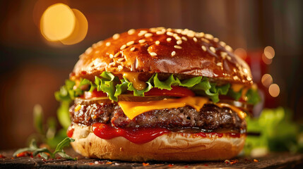 Tasty and delicious hamburger with beef patty, lettuce, onions, tomatoes, cucumbers and cheese.