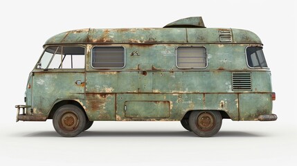 Side view of rusty vintage camper van over white background