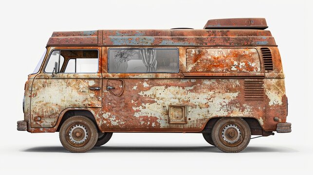 Side view of rusty vintage camper van over white background
