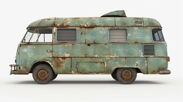 Side view of rusty vintage camper van over white background