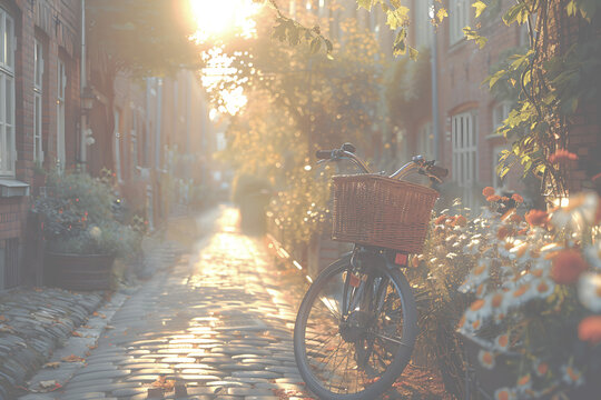 A vintage bicycle with a wicker basket is parked on cobblestone street, bathed in the warm, golden glow of late afternoon sun. Bike to work - Powered by Adobe