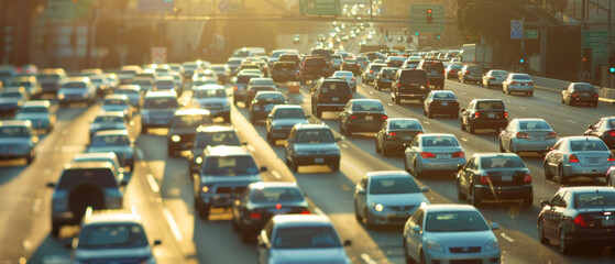 A busy highway filled with vehicles under the golden light of dawn, capturing the essence of morning rush hour.