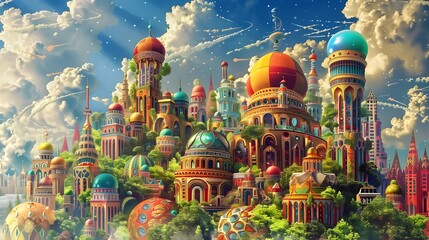 Obraz premium Futuristic Cityscape of a Society Embracing Vibrant Cultural Festivals and