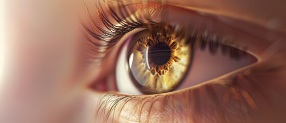 A detailed close-up of a golden, striking human eye, lit dramatically, highlighting the delicate eyelashes and the complex textures of the iris.