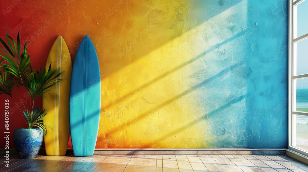 Wall mural surfing board placed against wall in colorful tropical settings