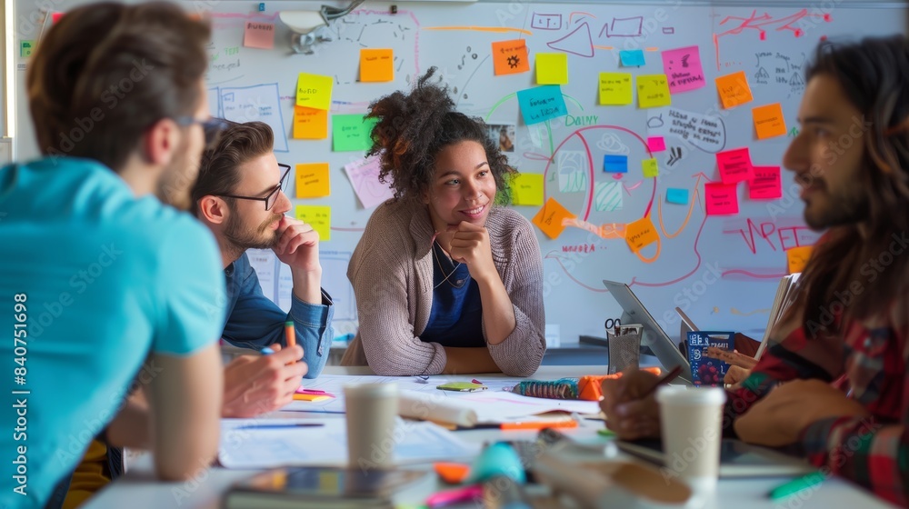 Aufkleber creative team brainstorming session with colorful sticky notes and sketches in modern office