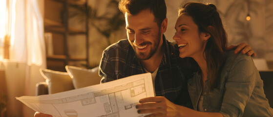 A couple gleefully examines house plans in a warmly lit room, sharing dreams and excitement about their future home.