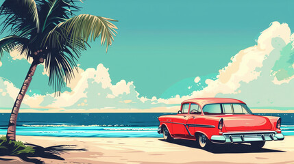 Beautiful vector illustration of tropical beach with vintage car for poster greeting card design