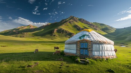 a yurt in the grassland, on a green meadow with a blue sky and white clouds. A traditional Kazakh yurt building among mountains and forest.