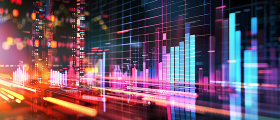A vivid display of digital data visualization, emphasizing colorful, dynamic bar graphs and charts in a high-tech environment.