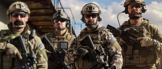 Group of soldiers in tactical gear, posed in a cohesive formation with serious expressions, ready for a mission, representing strength, unity, and readiness.