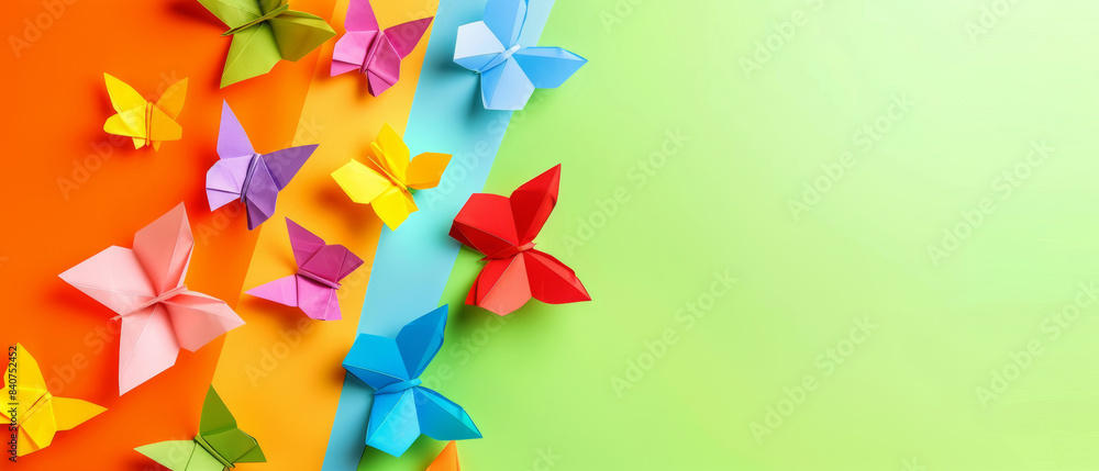 Wall mural a dynamic array of origami butterflies in bright, multicolored paper against a gradient background, 