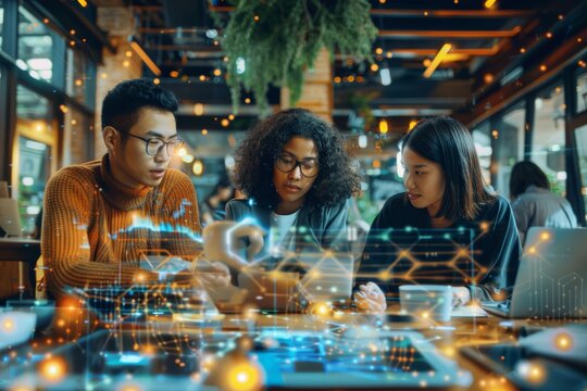 Diverse Team Collaborating on Social Media Campaign in Modern Workspace, Digital Tools, and Strategies