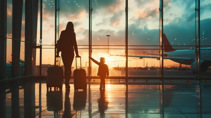 Family at Airport Traveling with Young Child at Sunrise