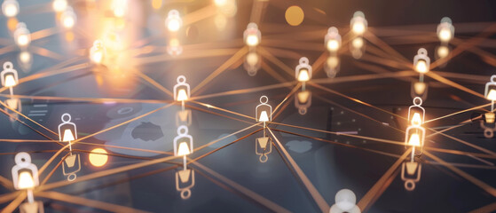 A complex network visualization with glowing nodes and lines, representing interconnected social and digital pathways in a luminous web.