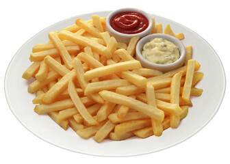 prato com porção de batata frita acompanhada de pote de ketchup e pote de maionese caseira