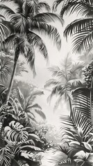 Seamless Border Hand Drawn Black and White Lithography Illustration Retro Style Design. Tropical wallapaper. AI generated illustration