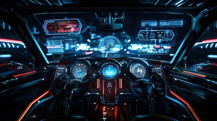Futuristic car interior with neon lighting and advanced dashboard