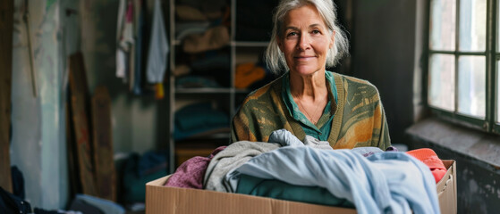 Fototapeta premium An older woman standing in a warmly lit room, holding a box of donated clothes with a gentle and satisfied smile.