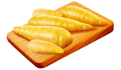 tábua de servir com mandioquinha isolado em fundo transparente - composição de batata baroa crua