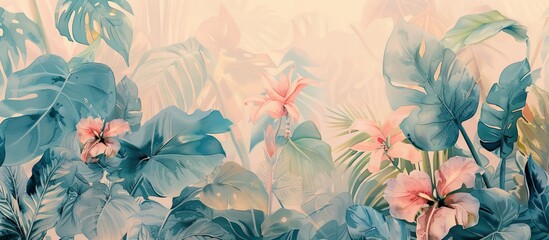 Illustration of tropical wallpaper print design with palm banana leaves and birds on canvas texture. Tropical plants and birds on textured background. AI generated illustration
