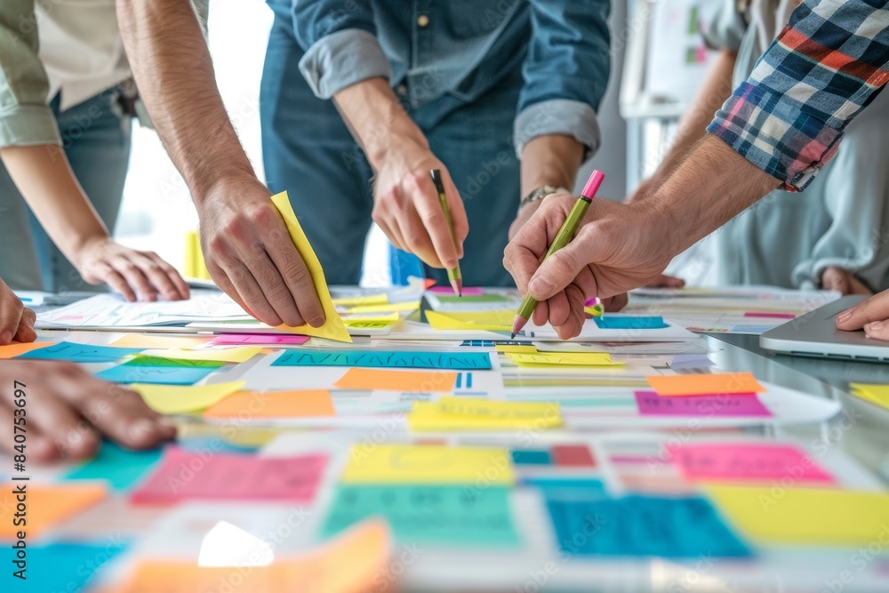 Poster creative team brainstorming innovative solutions with sticky notes and markers in collaborative work