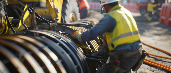 Construction worker in safety gear operating heavy machinery on a busy site, focused on cable installation with industrial precision.