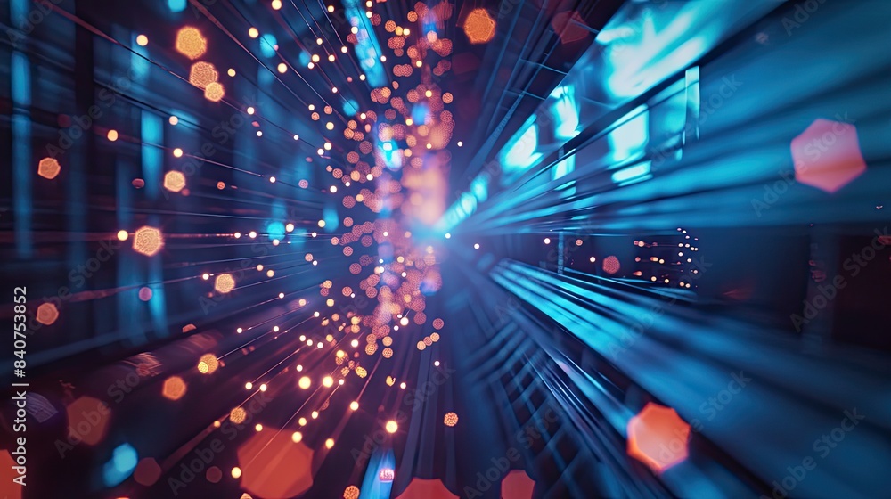 Poster vivid blue light beams, dynamic bokeh effects, dynamic shots showcasing movement and expansion of li