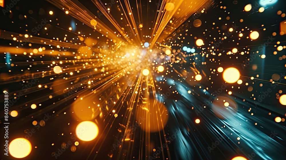 Poster vivid blue light beams, dynamic bokeh effects, dynamic shots showcasing movement and expansion of li
