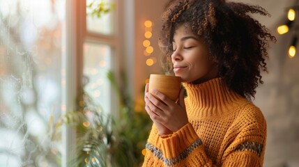 Young woman in a cozy setting, enjoying a hot drink by the window, bathed in warm sunlight. Fall season vibes with a warm, relaxed atmosphere and a comforting morning scene. Generated by AI.