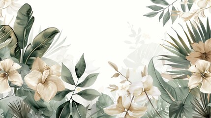 Illustration of tropical wallpaper print design with palm banana leaves and birds on canvas texture. Tropical plants and birds on textured background. AI generated illustration