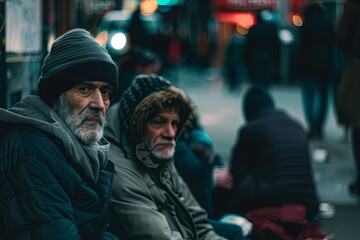 Fototapeta premium Two elderly homeless men sitting on a city street