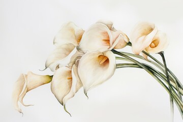 Elegant, colorful calla lilies; graceful, curved blooms., Elegant and whimsical watercolor calla lilies arranged in a random bunch on a clean white canvas