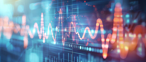 A vibrant digital representation of data analysis, featuring colorful abstract graphs and charts in hues of blue and orange.