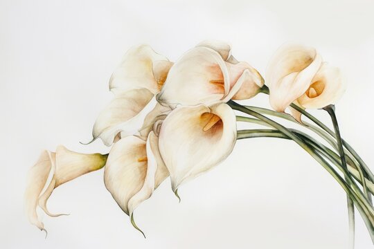 Elegant, colorful calla lilies; graceful, curved blooms., Elegant and whimsical watercolor calla lilies arranged in a random bunch on a clean white canvas