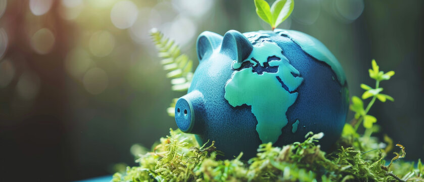 A ceramic piggy bank painted with a map of the world, placed among ferns and moss, celebrating global savings and environmental care. - Powered by Adobe