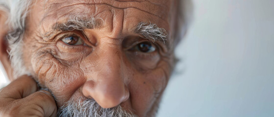 Close-up of an elderly man’s face, capturing deep lines and soulful eyes, exuding wisdom and experience.