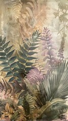 Hand drawn tropical plants, leaves, abstract art drawing. wallpaper, retro pattern Wall Decor Design, Wallpaper, Poster, Card, Mural, Rug, Hanging, Printing. AI generated illustration